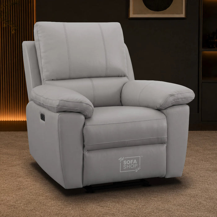 2 Piece Electric Recliner Sofa Set | Grey Real Leather Sofa Suite | Trento