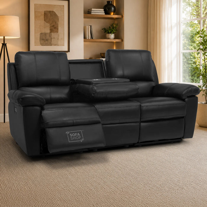 3 Seater Electric Recliner Sofa | Black Real Leather | Trento