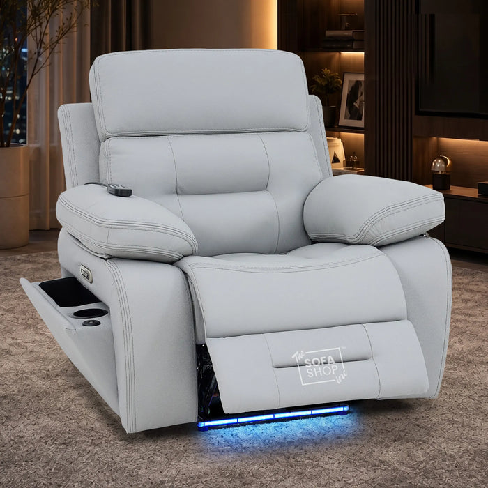 1 Seater Smart Tech Electric Recliner Cinema Chair | Light Grey Real Leather | Sicily