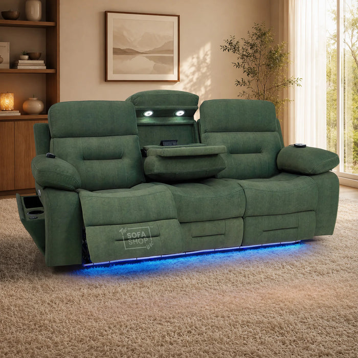 3 Seater Smart Tech Electric Recliner Cinema Sofa | Olive Green Fabric | Sicily