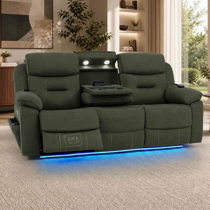 2 Piece Smart Tech Electric Recliner Cinema Sofa Set | Green Fabric Sofa Suite | Florence