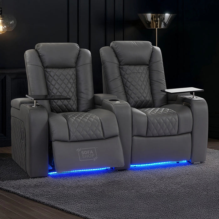 2 Seater Smart Tech Electric Recliner Cinema Sofa | Luxury Theatre Seating | Grey Real Leather| Milano