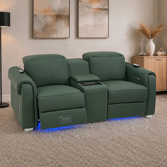 2 Seater Smart Tech Electric Recliner Cinema Sofa | Green Real Leather | Turin