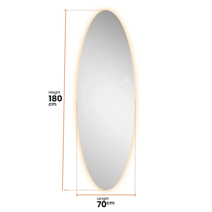 Frameless Oval Wall Mirror with Adjustable Acrylic Lampshade - 70x180cm
