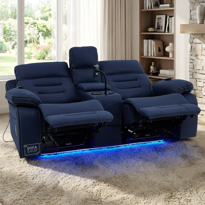 2 Seater Smart Tech Electric Recliner Cinema Sofa | Blue Fabric | Tuscany