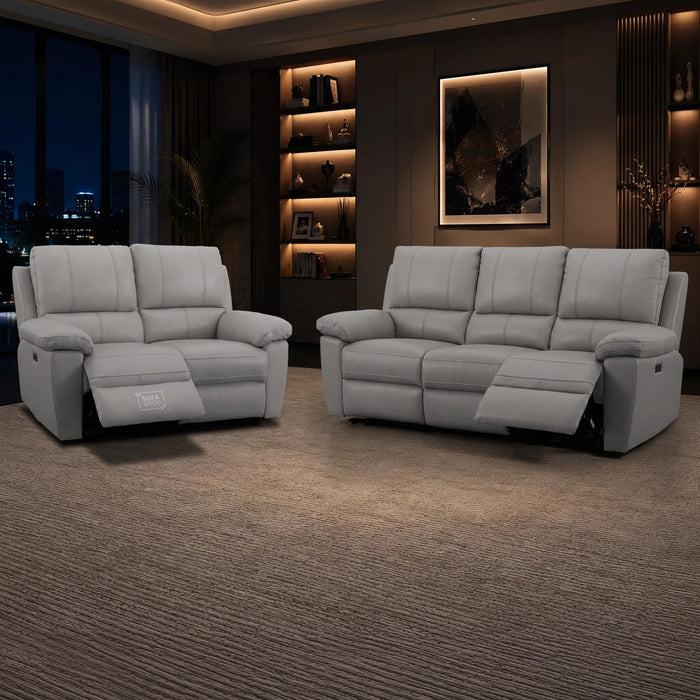 2 Piece Electric Recliner Sofa Set | Grey Real Leather Sofa Suite | Trento