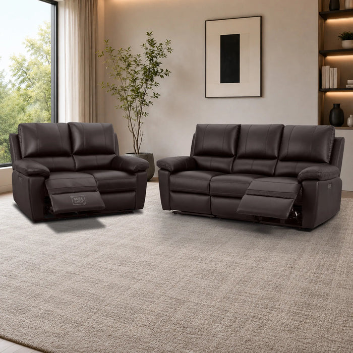 2 Piece Electric Recliner Sofa Set | Brown Real Leather Sofa Suite | Trento