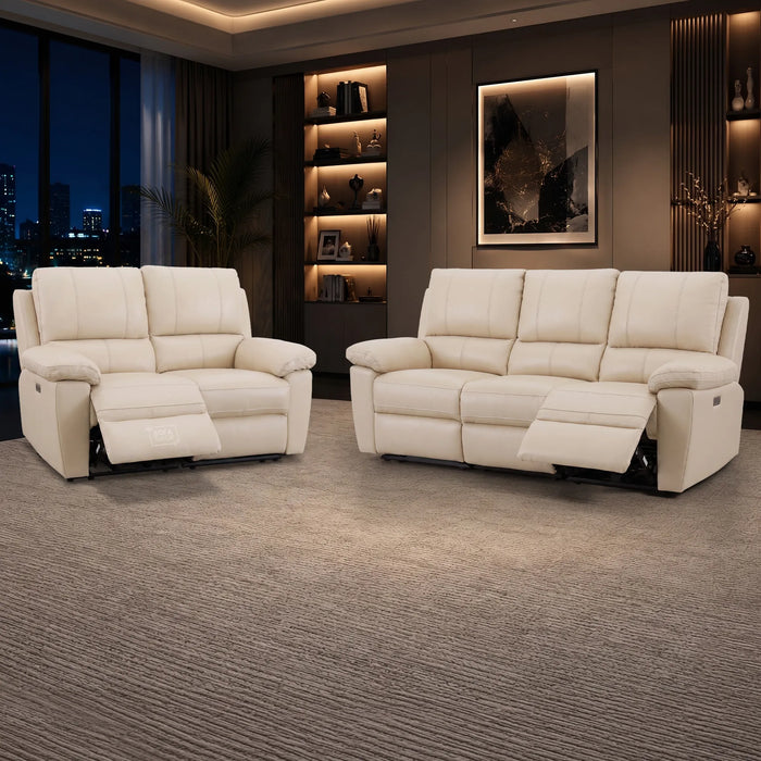 2 Piece Electric Recliner Sofa Set | Cream Real Leather Sofa Suite | Trento