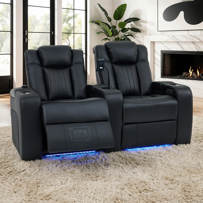 2 Seater Smart Tech Electric Recliner Cinema Sofa | Luxury Theatre Seating | Black Real Leather | Capri