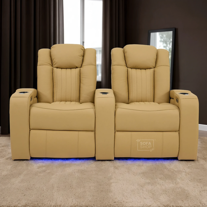 2 Seater Smart Tech Electric Recliner Cinema Sofa | Luxury Theatre Seating | Tan Real Leather | Capri