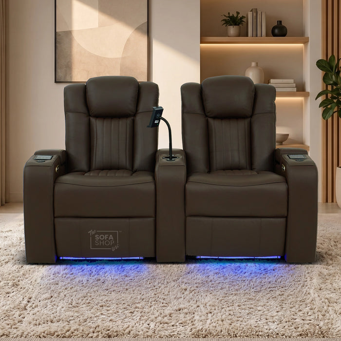 2 Seater Smart Tech Electric Recliner Cinema Sofa | Luxury Theatre Seating | Brown Real Leather | Capri