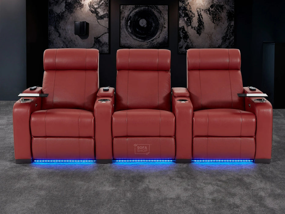 3 Seater Smart Tech Electric Recliner Cinema Sofa | Luxury Theatre Seating | Red Real Leather | Rimini