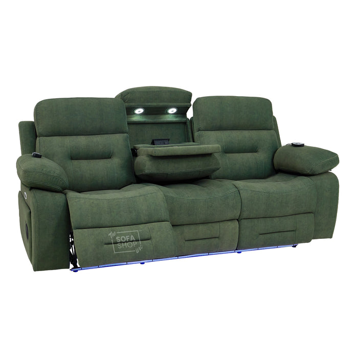 3 Seater Smart Tech Electric Recliner Cinema Sofa | Olive Green Fabric | Sicily