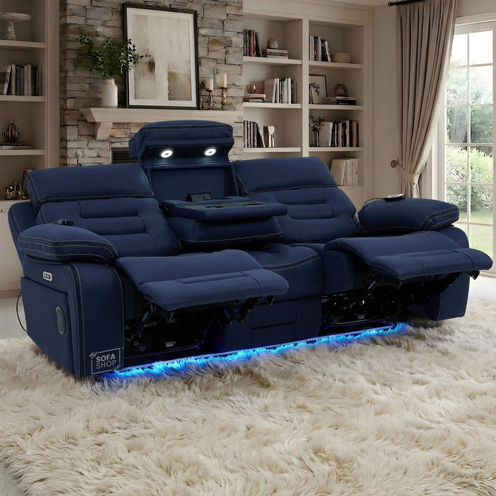 3 Seater Smart Tech Electric Recliner Cinema Sofa | Blue Fabric | Tuscany