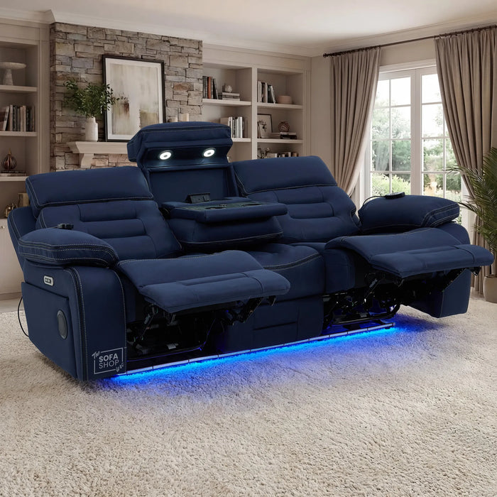 2 Piece Smart Tech Electric Recliner Cinema Sofa Set | Blue Fabric Sofa Suite | Tuscany