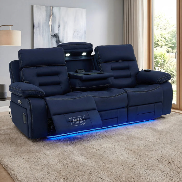 2 Piece Smart Tech Electric Recliner Cinema Sofa Set | Blue Fabric Sofa Suite | Tuscany