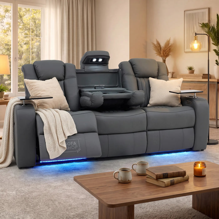 3 Seater Smart Tech Electric Recliner Cinema Sofa | Grey Real Leather | Capri