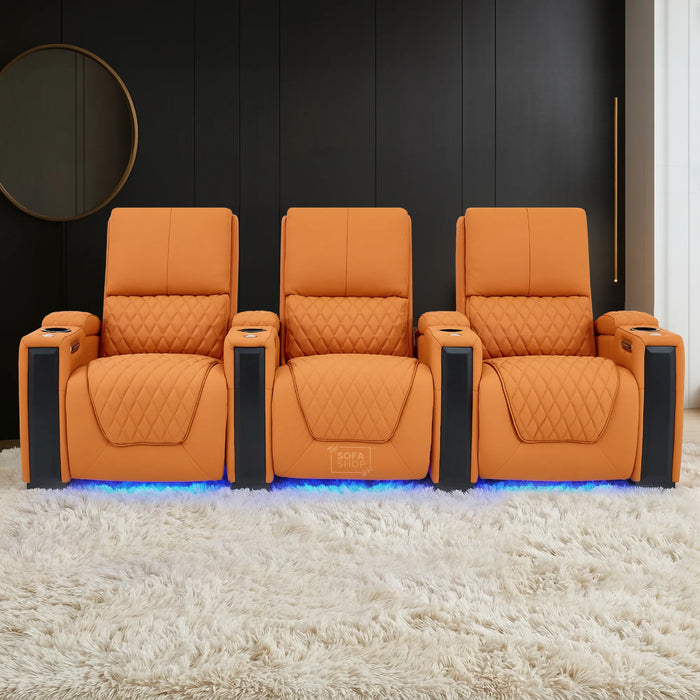 3 Seater Smart Tech Electric Recliner Cinema Sofa | Luxury Theatre Seating | Orange Real Leather | Assisi