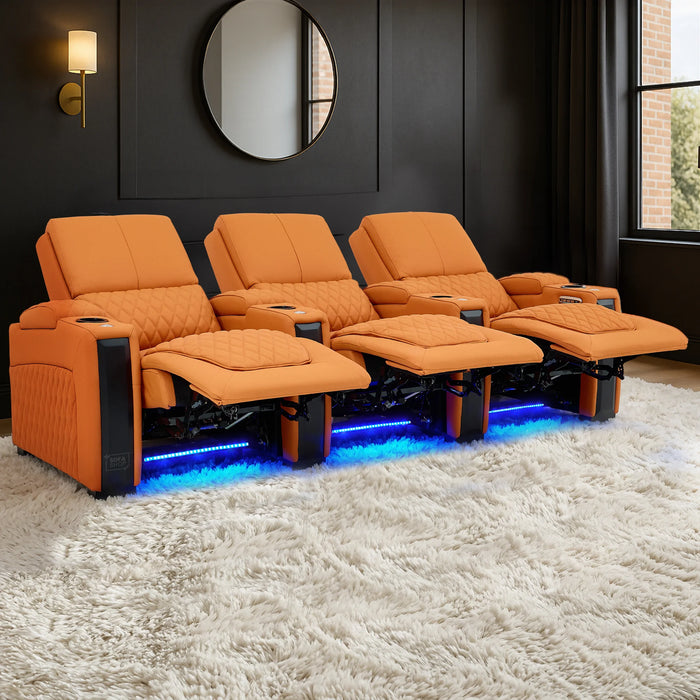3 Seater Smart Tech Electric Recliner Cinema Sofa | Luxury Theatre Seating | Orange Real Leather | Assisi
