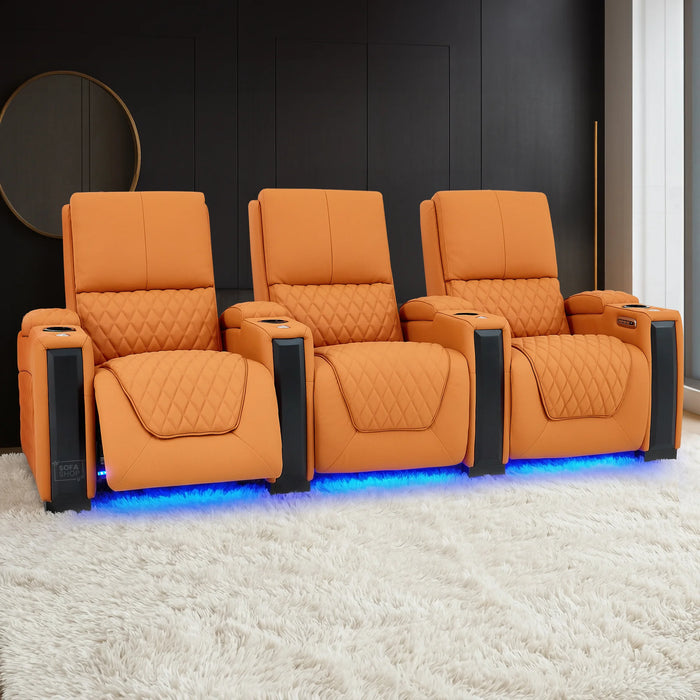 3 Seater Smart Tech Electric Recliner Cinema Sofa | Luxury Theatre Seating | Orange Real Leather | Assisi