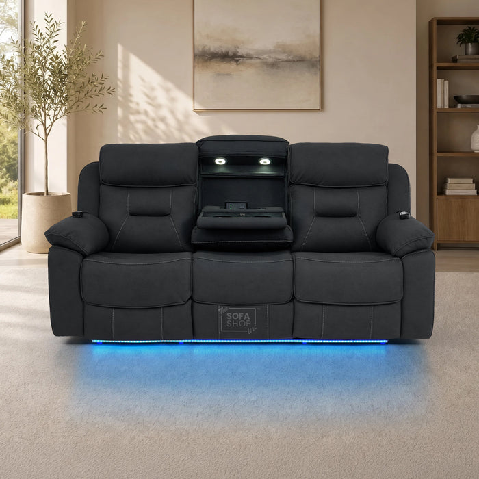 2 Piece Smart Tech Electric Recliner Cinema Sofa Set | Charcoal Grey Fabric Sofa Suite | Florence