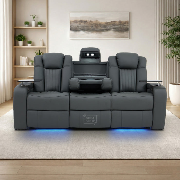 3 Seater Smart Tech Electric Recliner Cinema Sofa | Grey Real Leather | Capri