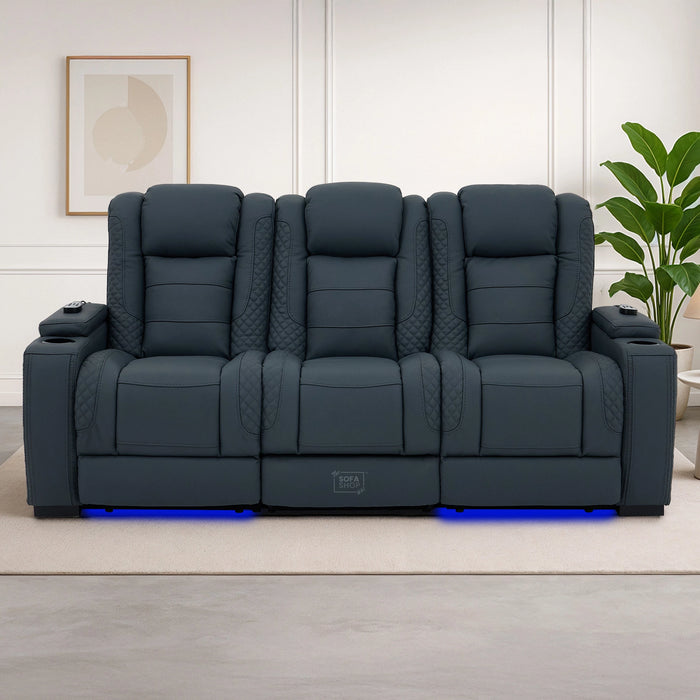 3 Seater Smart Tech Electric Recliner Cinema Sofa | Blue Real Leather | Napoli