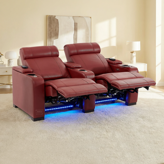 2 Seater Smart Tech Electric Recliner Cinema Sofa | Luxury Theatre Seating | Red Real Leather | Rimini