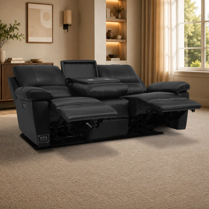 3 Seater Electric Recliner Sofa | Black Real Leather | Trento