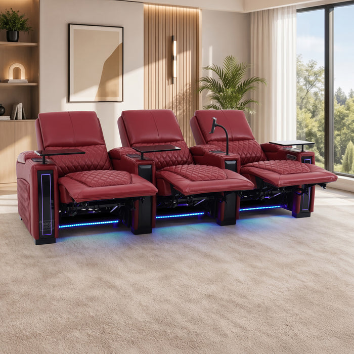 3 Seater Smart Tech Electric Recliner Cinema Sofa | Luxury Theatre Seating | Red Real Leather | Assisi