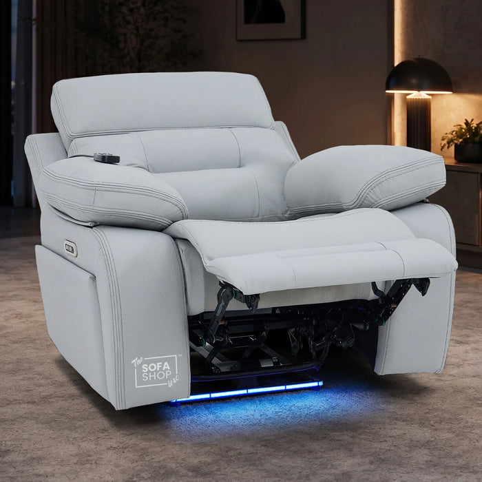 1 Seater Smart Tech Electric Recliner Cinema Chair | Light Grey Real Leather | Sicily