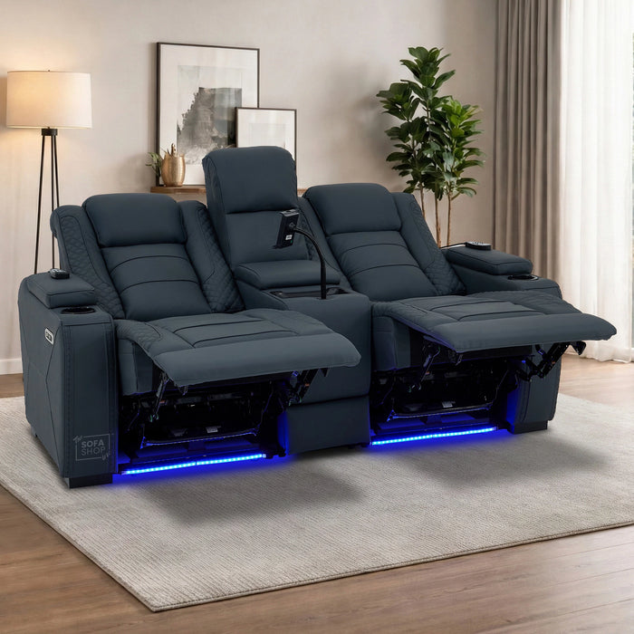 2 Seater Smart Tech Electric Recliner Cinema Sofa | Blue Real Leather | Napoli