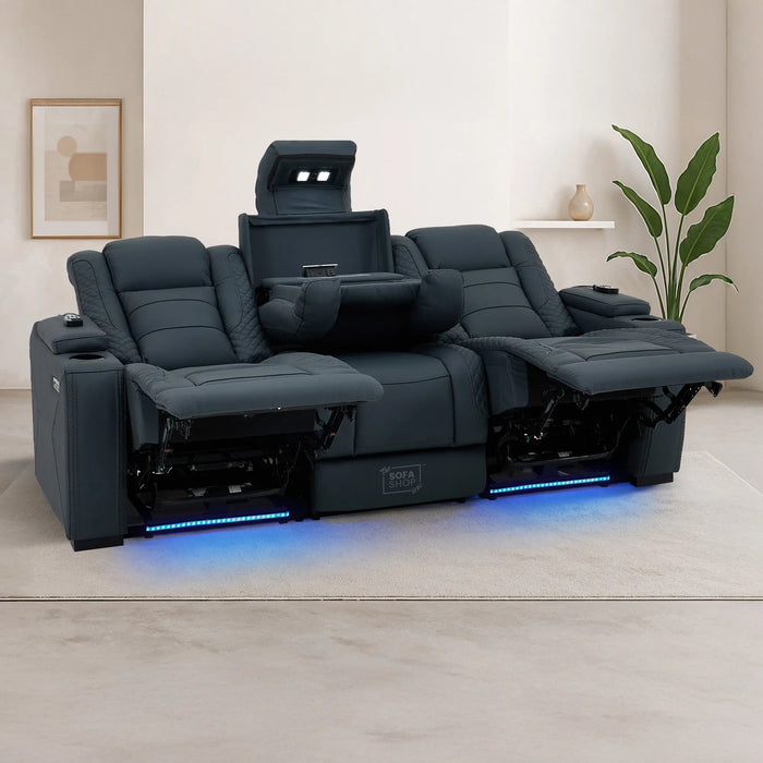 3 Seater Smart Tech Electric Recliner Cinema Sofa | Blue Real Leather | Napoli