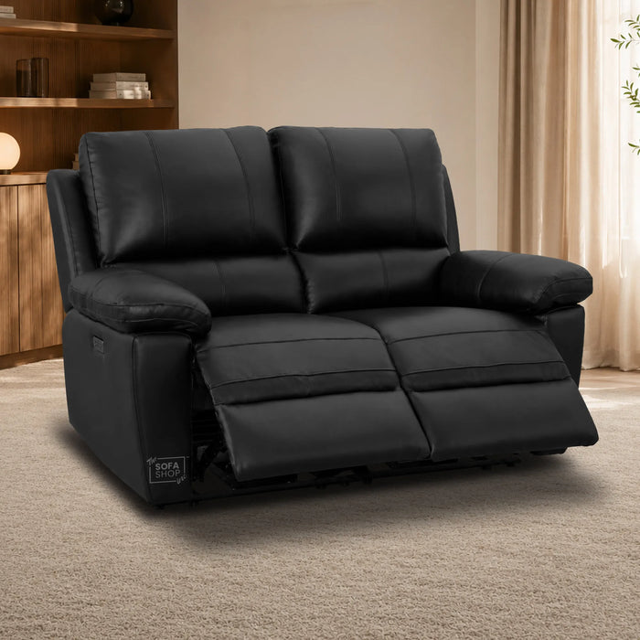 2 Piece Electric Recliner Sofa Set | Black Real Leather Sofa Suite | Trento