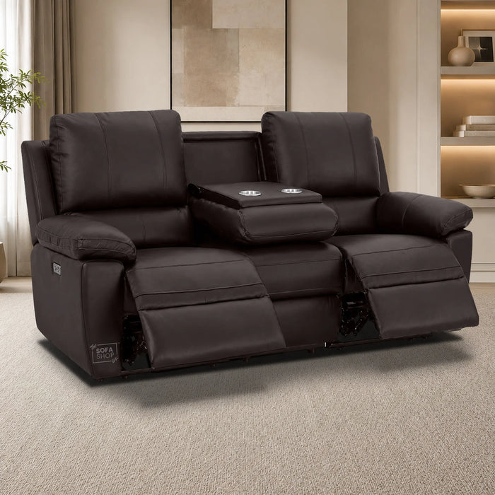 2 Piece Electric Recliner Sofa Set | Brown Real Leather Sofa Suite | Trento