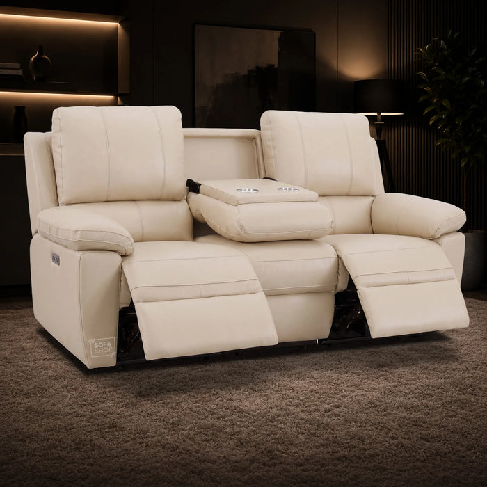 2 Piece Electric Recliner Sofa Set | Cream Real Leather Sofa Suite | Trento