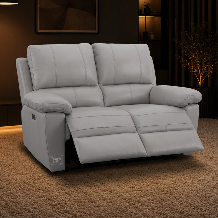 2 Seater Electric Recliner Sofa | Grey Real Leather | Trento