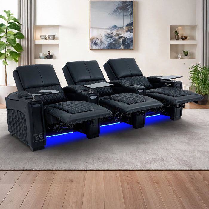 3 Seater Smart Tech Electric Recliner Cinema Sofa | Luxury Theatre Seating | Black Real Leather | Assisi