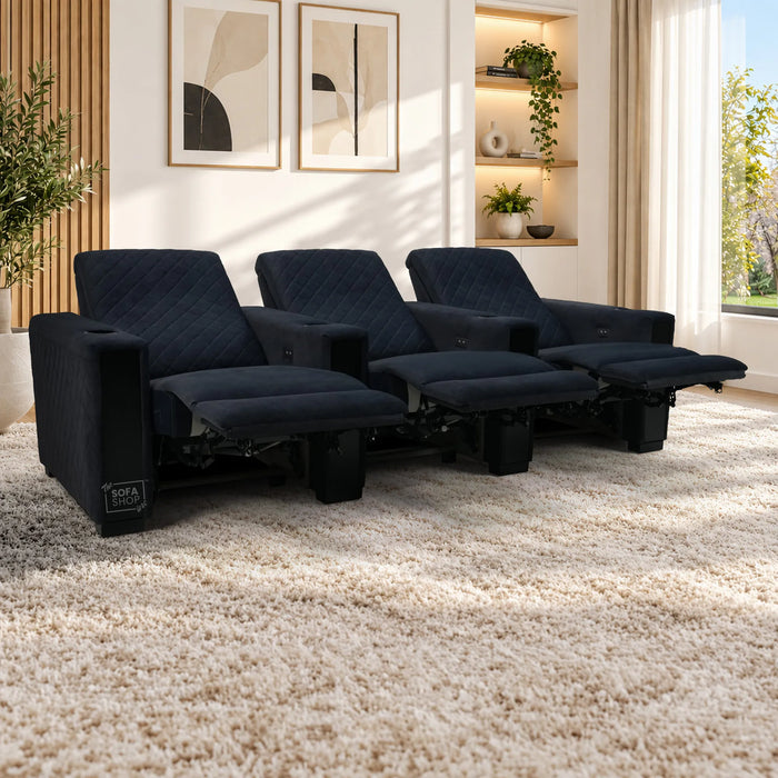 3 Seater Smart Tech Electric Recliner Cinema Sofa | Luxury Theatre Seating | Blue Real Leather | Solero