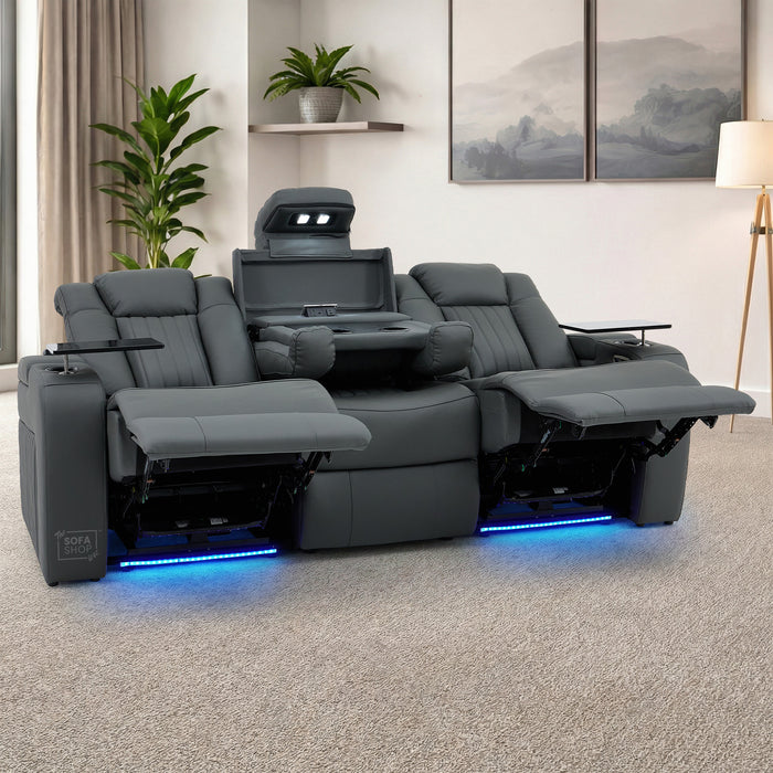 3 Seater Smart Tech Electric Recliner Cinema Sofa | Grey Real Leather | Capri