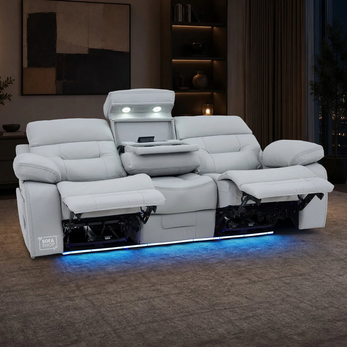 3 Seater Smart Tech Electric Recliner Cinema Sofa | Light Grey Real Leather | Sicily