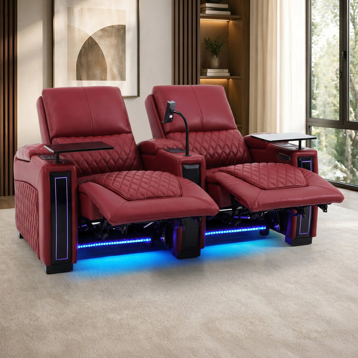 2 Seater Smart Tech Electric Recliner Cinema Sofa | Luxury Theatre Seating | Red Real Leather | Assisi