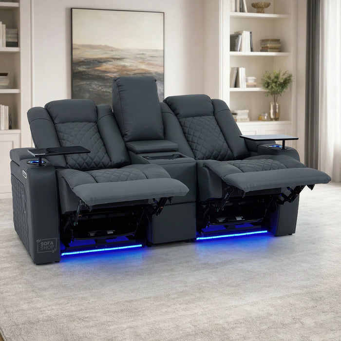 2 Seater Smart Tech Electric Recliner Cinema Sofa | Luxury Theatre Seating | Grey Real Leather | Milano