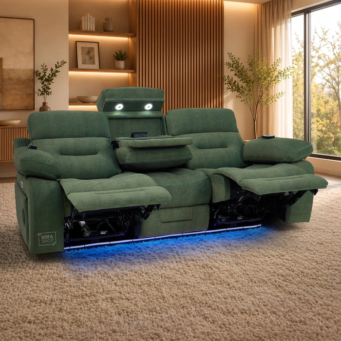 3 Seater Smart Tech Electric Recliner Cinema Sofa | Olive Green Fabric | Sicily
