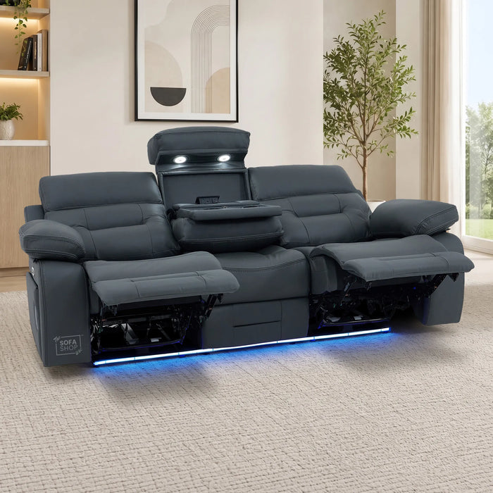 3 Seater Smart Tech Electric Recliner Cinema Sofa | Grey Real Leather | Sicily