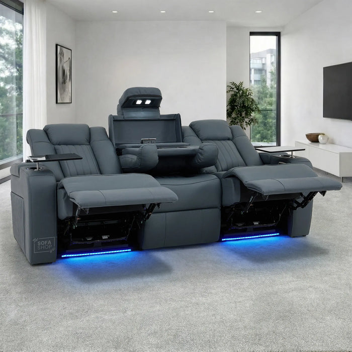 3 Seater Smart Tech Electric Recliner Cinema Sofa | Blue Real Leather | Capri