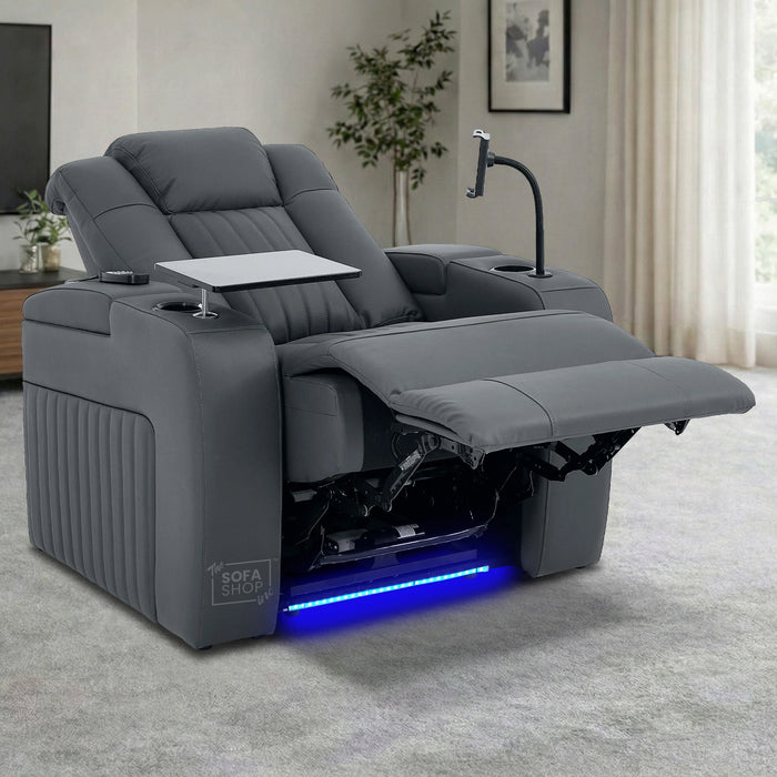 1 Seater Smart Tech Electric Recliner Cinema Chair | Luxury Theatre Seating | Grey Real Leather | Capri