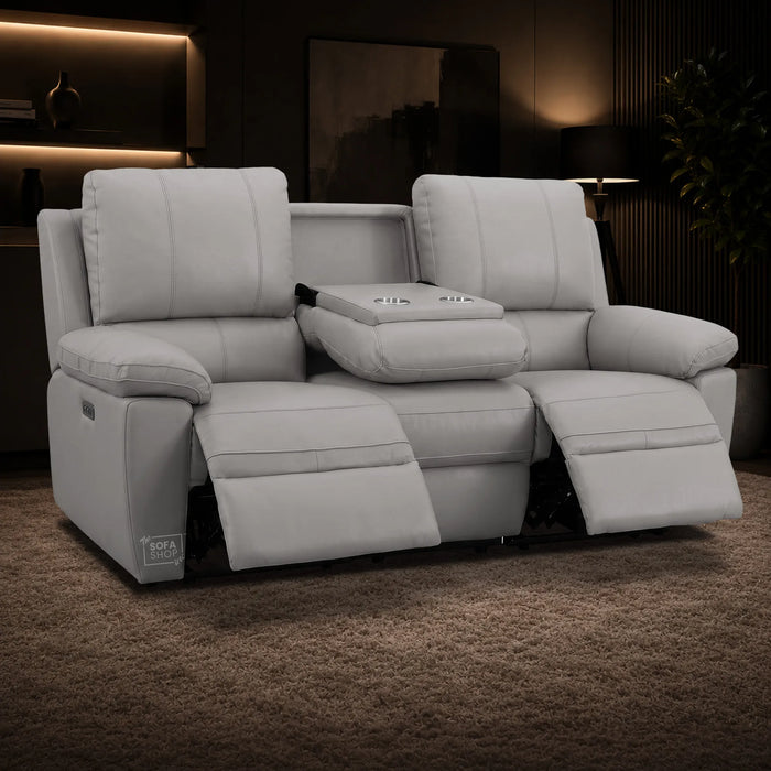 2 Piece Electric Recliner Sofa Set | Grey Real Leather Sofa Suite | Trento