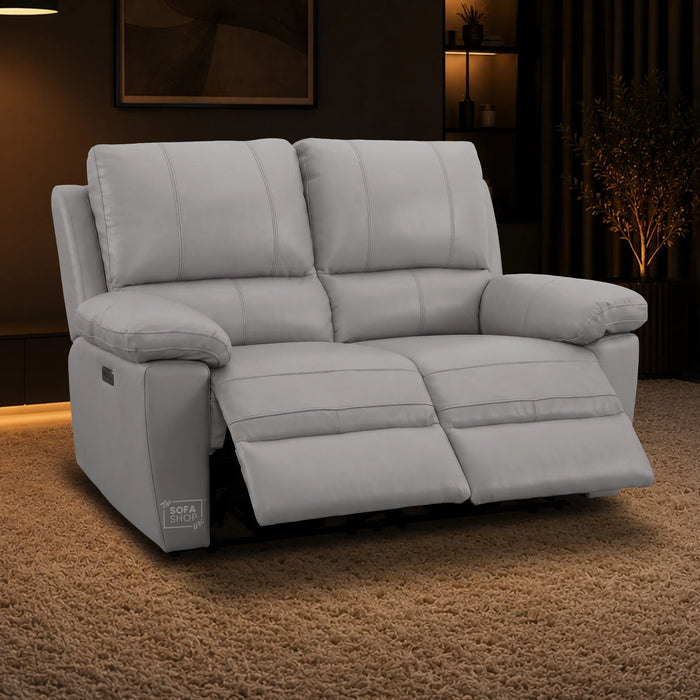 2 Piece Electric Recliner Sofa Set | Grey Real Leather Sofa Suite | Trento