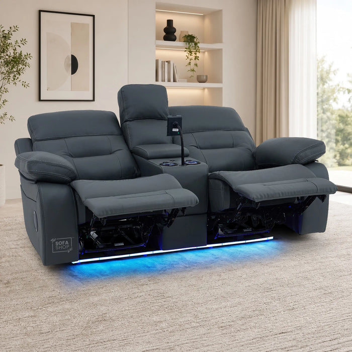 2 Seater Smart Tech Electric Recliner Cinema Sofa | Grey Real Leather | Sicily